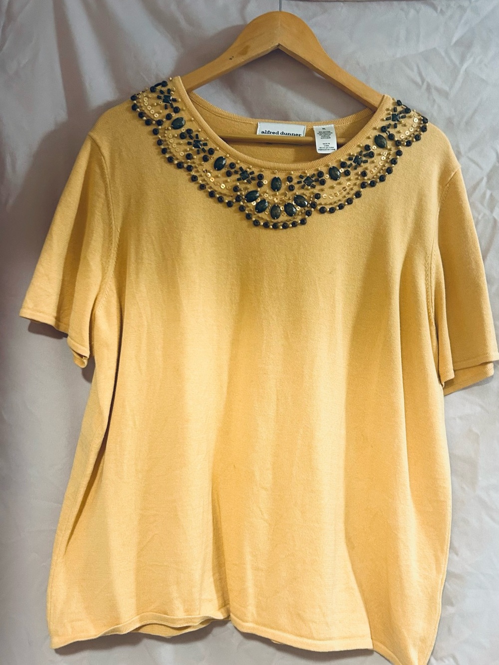 Alfred Dunner Pale Yellow Short-Sleeve Tee with Embellished Jewel Neckline